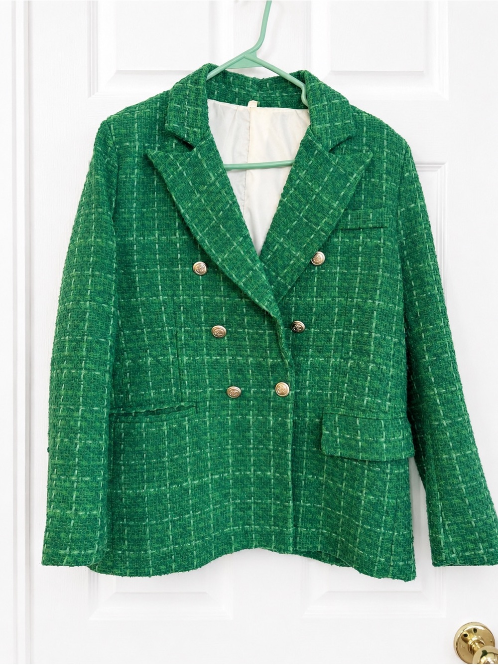 SHEIN Green Tweed Double-Breasted Women's Blazer Coat